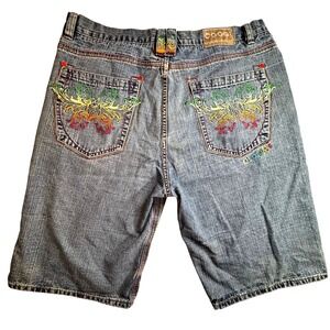 Coogi Australia Mens W44 Blue Denim Shorts Embroidered Multi Color Baggy Y2K